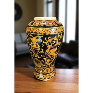 Vtg Chinese Porcelain Vase w/ French Phoenix Design Gold & Black Enameled 9” H